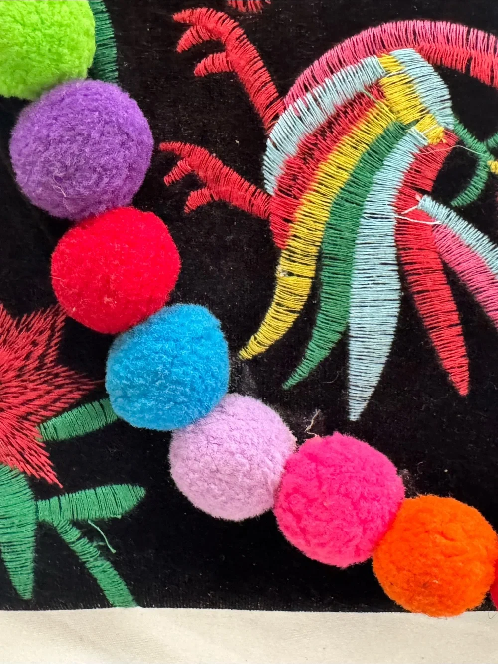 Embroidered Black Clutch with Multicolor Pom-Pom Chain